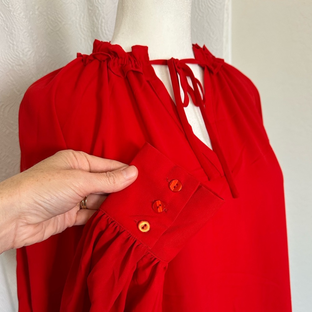 NWOT Doe & Rae Long Sleeve Red V-Neck Blouse with Ruffles and Neck Tie - Picture 2 of 5